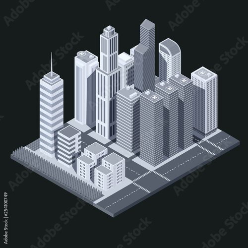 3D isometric city map skyscraper landscape and streets tree black and white, illustration vector