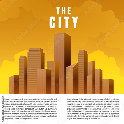 City downtown skyscrapers landscape architecture buildings sunset. illustration Vector
