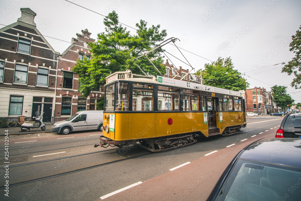 Fototapeta premium Historic old tram or trolley in Rotterdam, Netherlands