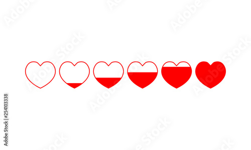 six red hearts increasing filling, from empty to full