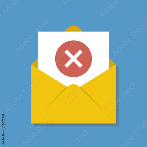 open envelop with reject red cross icon, flat style vector illustration