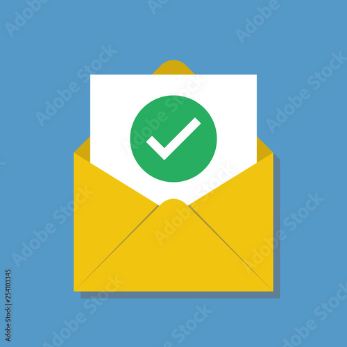 open envelop with approved or passed green checkmark icon, flat style vector illustration