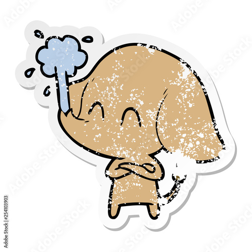distressed sticker of a cute cartoon elephant spouting water