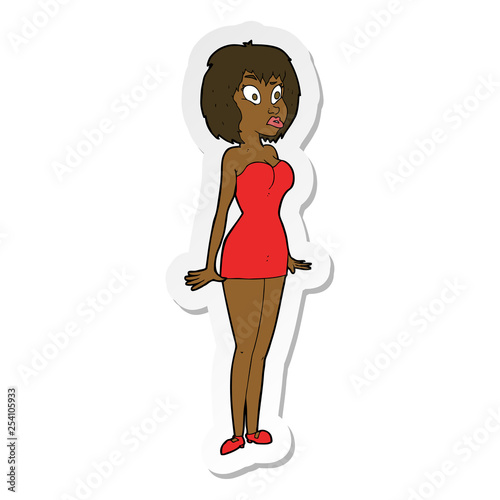sticker of a cartoon surprised woman in short dress