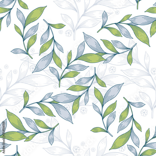Decorative ornamental seamless spring pattern. Endless elegant texture with leaves. Tempate for design fabric, backgrounds, wrapping paper, package, covers