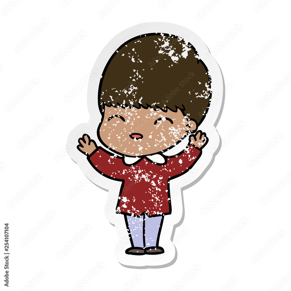 distressed sticker of a happy cartoon boy distressed sticker of a happy cartoon boy