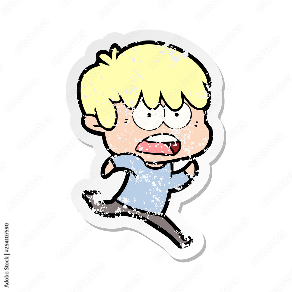 distressed sticker of a worried cartoon boy