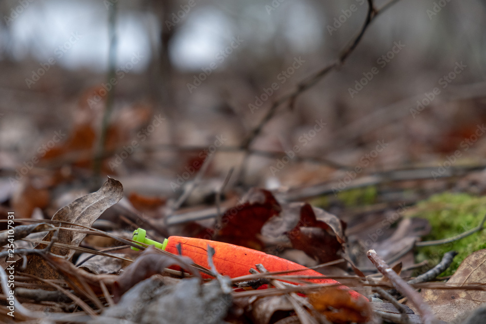 An old bobber or float among the leaves on the forest floor by a pond lost during fishing. Awareness to help keep the planet clean. An old bobber or float among the leaves on the forest floor by a pond lost during fishing. Awareness to help keep the planet clean.