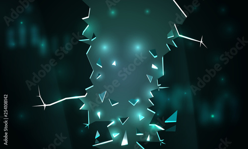 Broken glass dark blue background. Broken wall, falling panel. Drop down glass window, scattering fragments. Background destruction