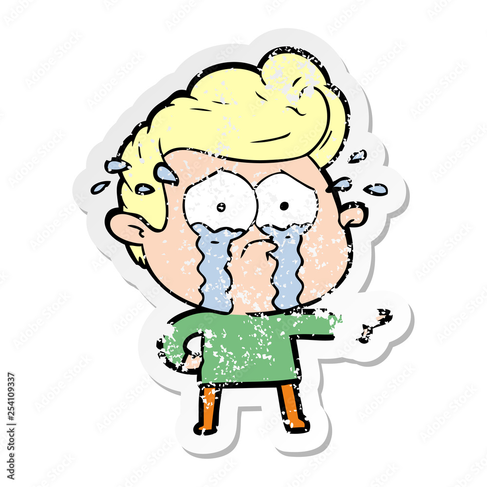 distressed sticker of a cartoon crying man distressed sticker of a cartoon crying man