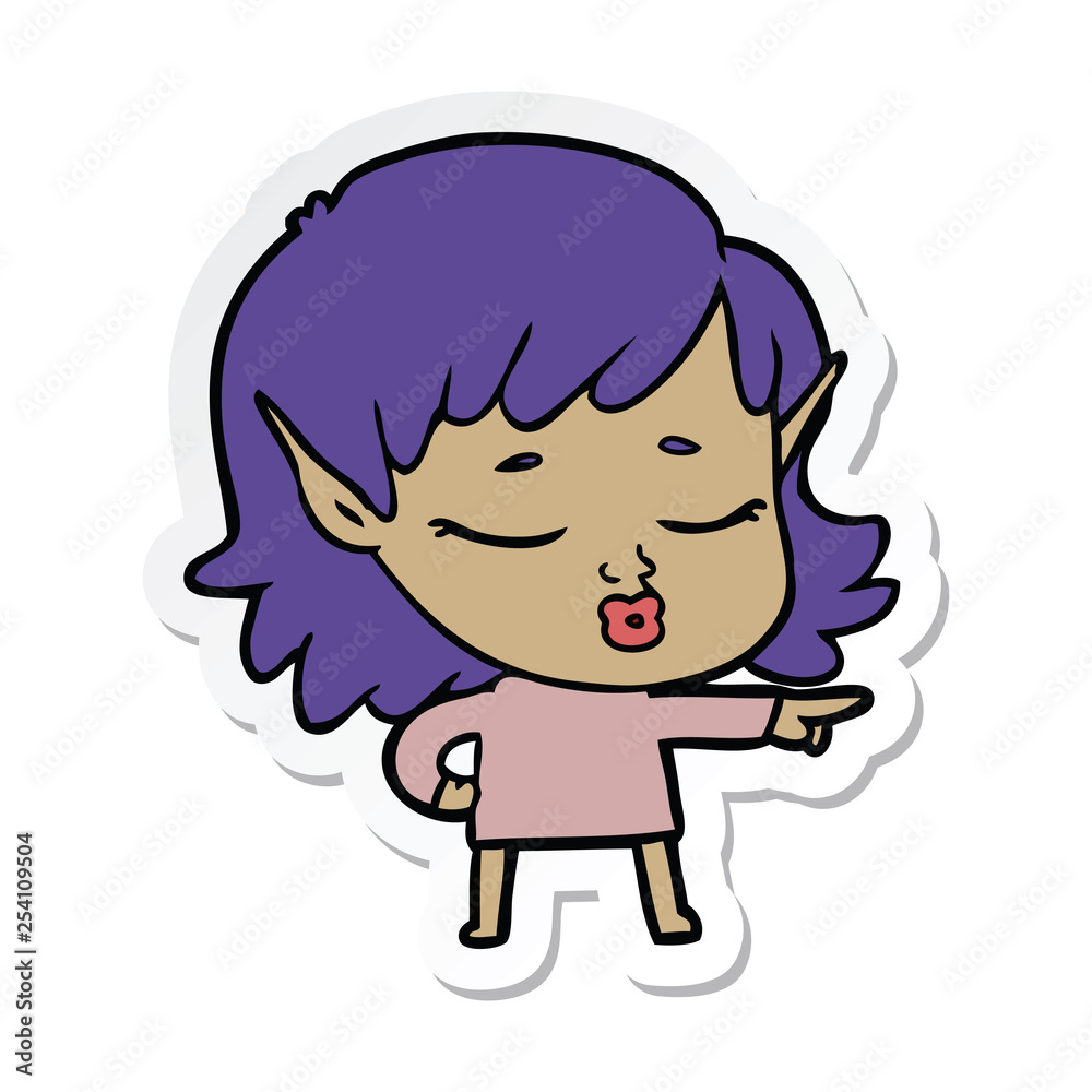 sticker of a pretty cartoon elf girl pointing sticker of a pretty cartoon elf girl pointing