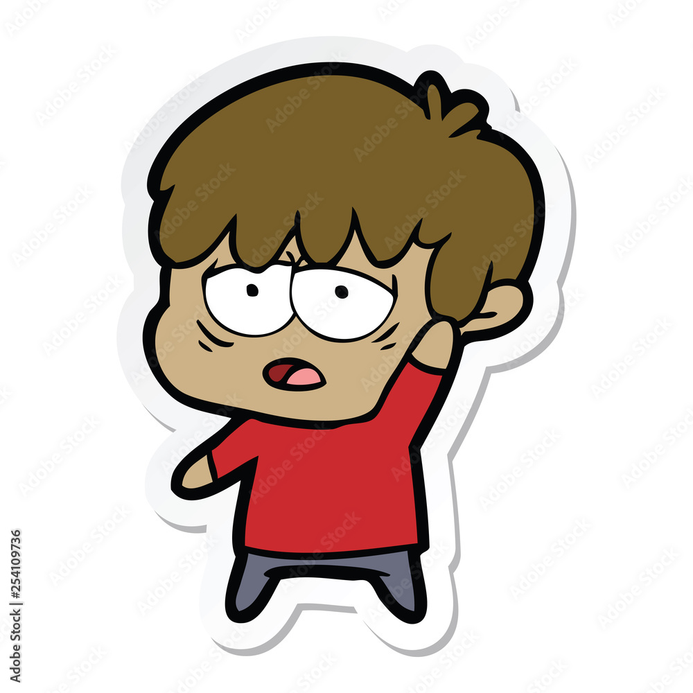 sticker of a cartoon exhausted boy sticker of a cartoon exhausted boy