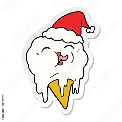sticker cartoon of a melting ice cream wearing santa hat