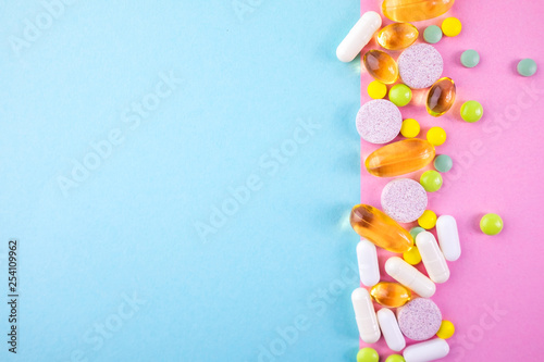 Assorted pharmaceutical medicine pills. Place for text.