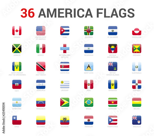 America flags of country. 36 flag rounded square icons Vector on White background.