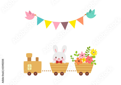 Cute train carrying cute bunny and flowers