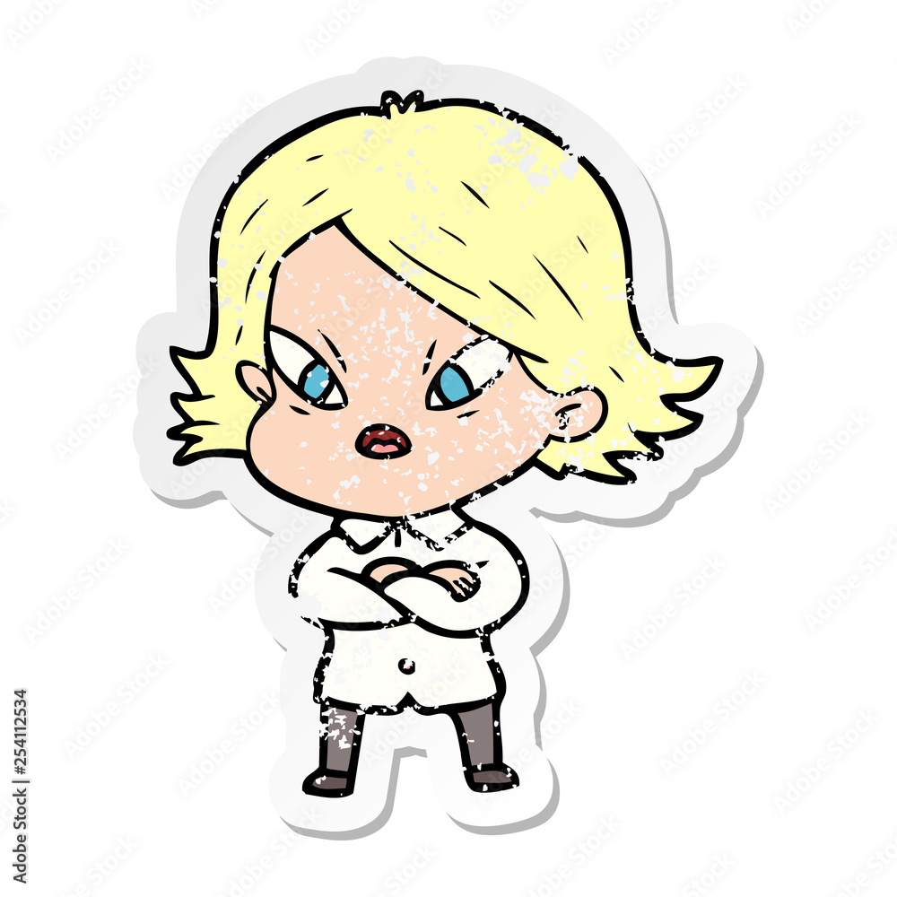 distressed sticker of a cartoon stressed woman distressed sticker of a cartoon stressed woman