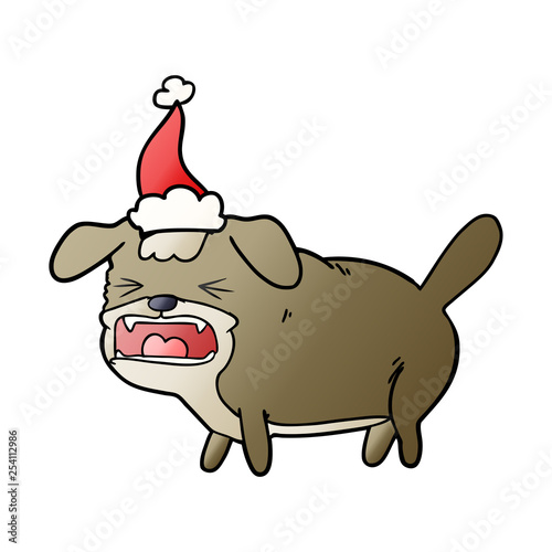 gradient cartoon of a dog barking wearing santa hat