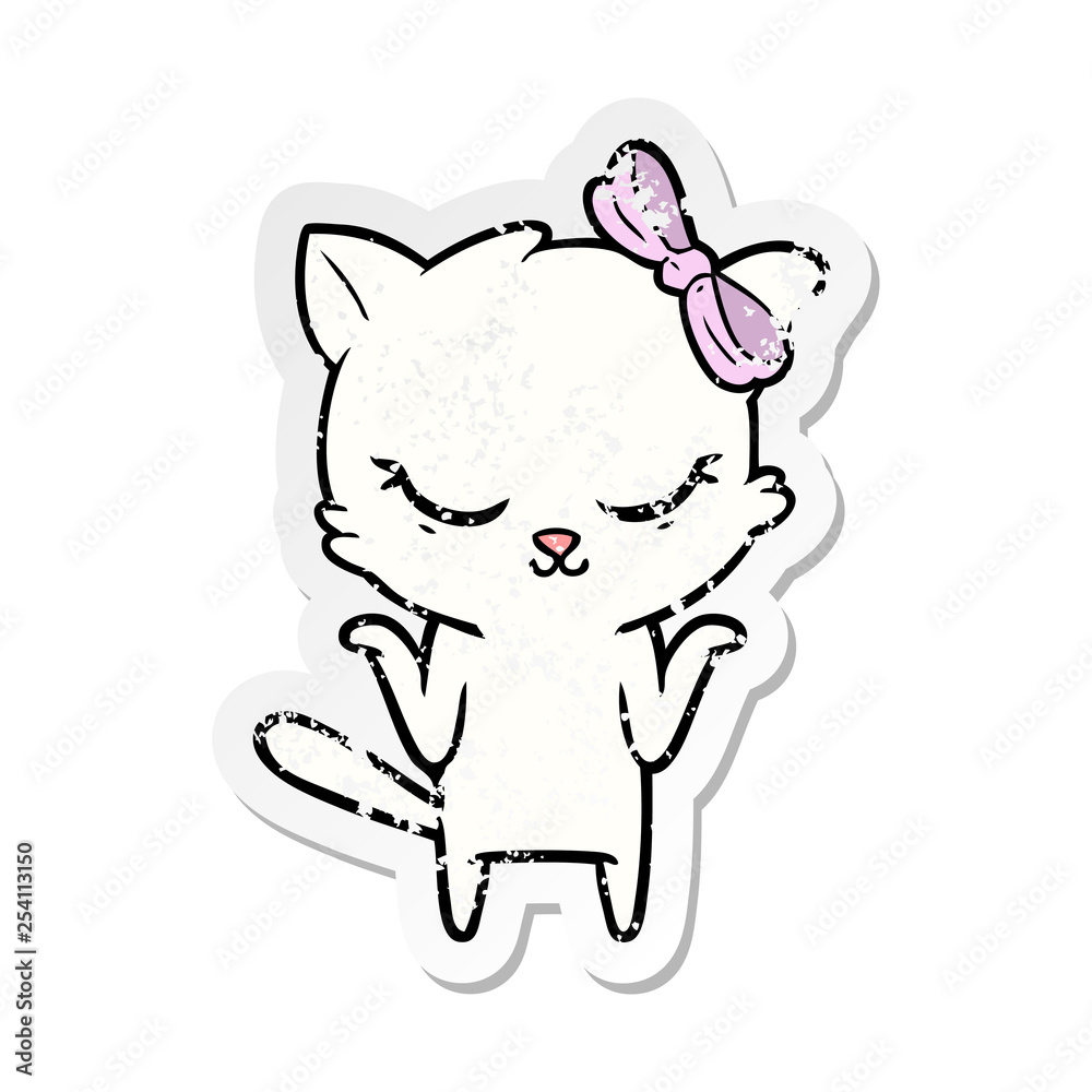 distressed sticker of a cute cartoon cat with bow distressed sticker of a cute cartoon cat with bow