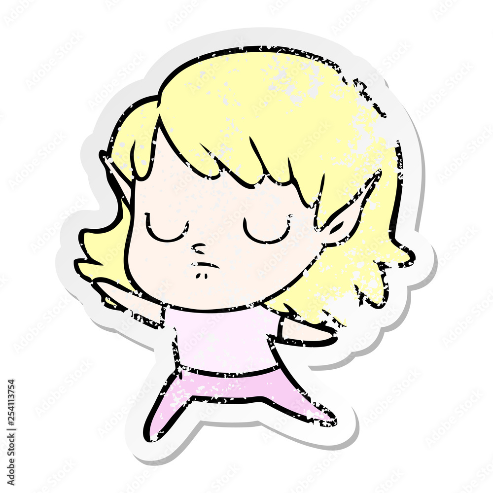 distressed sticker of a cartoon elf girl distressed sticker of a cartoon elf girl