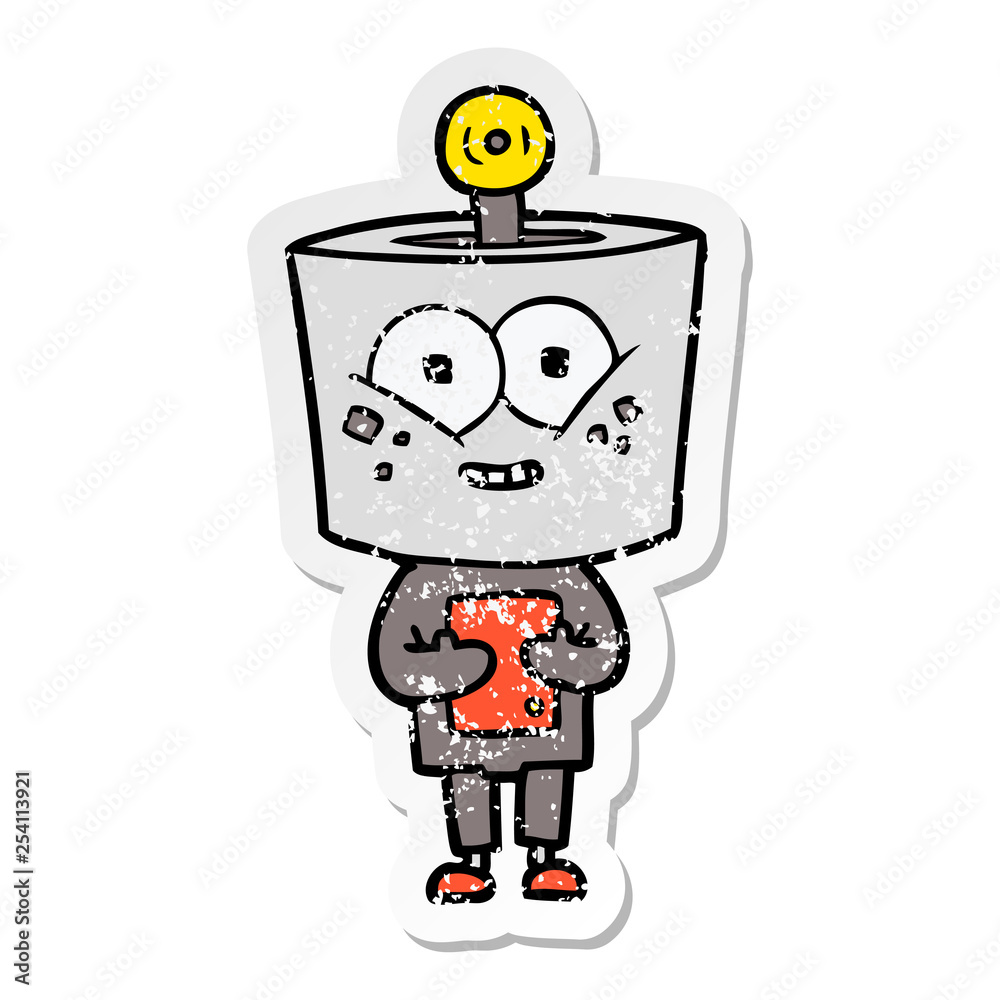 distressed sticker of a happy cartoon robot distressed sticker of a happy cartoon robot