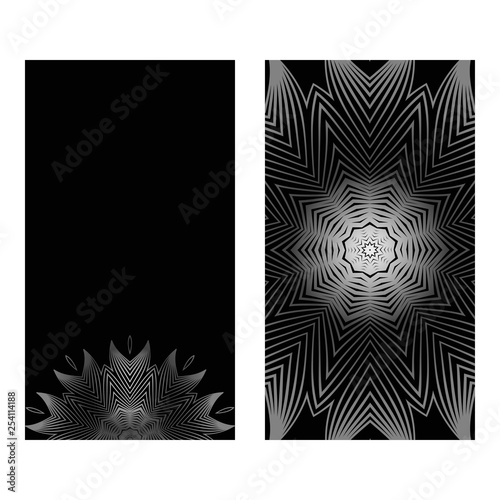 Vintage Cards With Floral Mandala Pattern. Vector Template. The Front And Rear Side. Black silver color