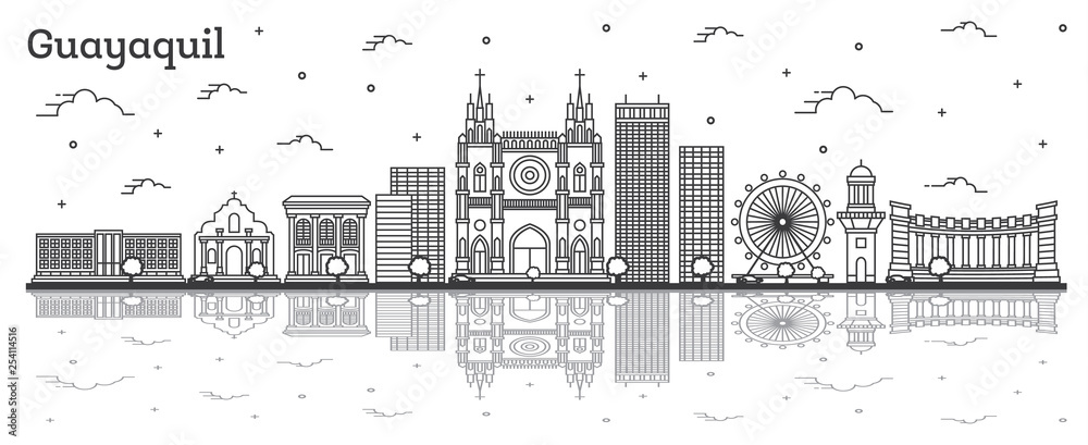 Outline Guayaquil Ecuador City Skyline with Historical Buildings and Reflections Isolated on White.