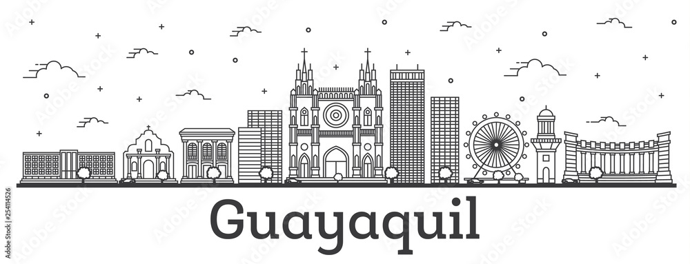 Outline Guayaquil Ecuador City Skyline with Historical Buildings Isolated on White.