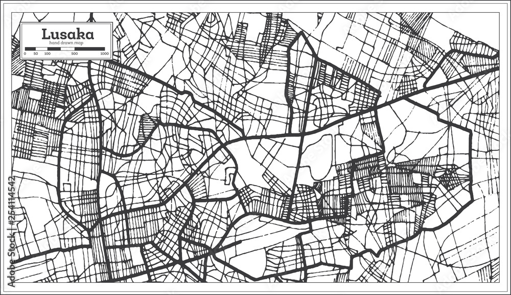 Lusaka Zambia City Map in Retro Style. Outline Map.