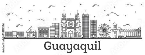 Outline Guayaquil Ecuador City Skyline with Historical Buildings Isolated on White. photo