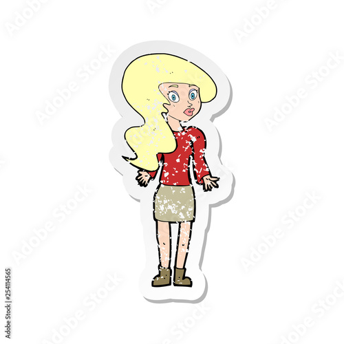 retro distressed sticker of a cartoon woman shrugging shoulders