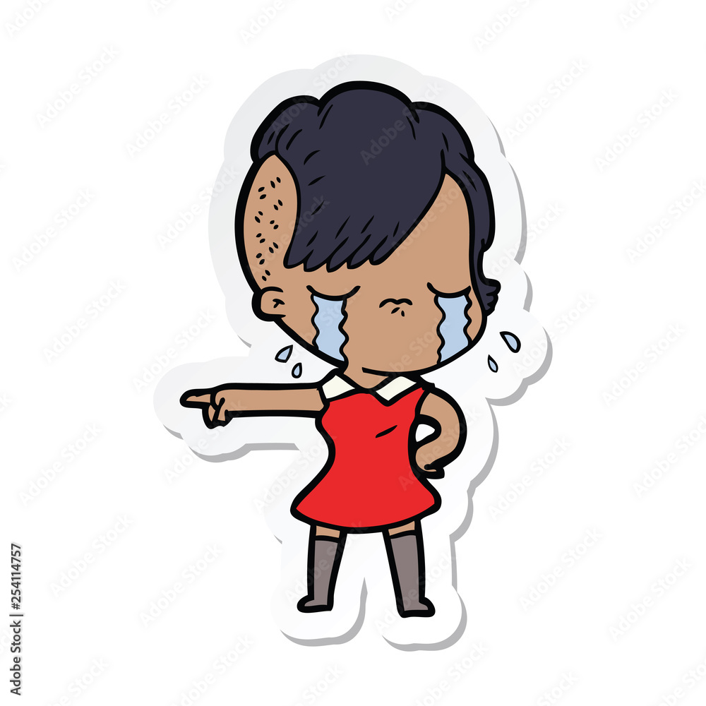 sticker of a cartoon crying girl pointing sticker of a cartoon crying girl pointing