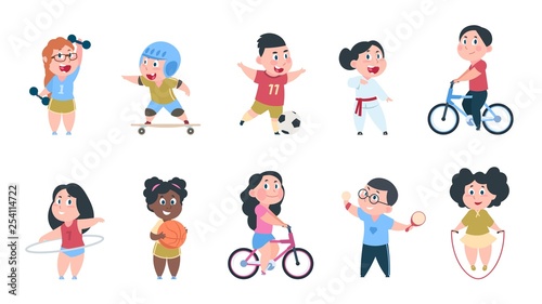 Cartoon sport kids. Boys and girls playing ball, group of children ride on bike, do active physical exercises. Vector playing kids set