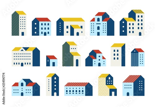 Minimal flat houses. Simple geometric buildings cartoon set, urban city town houses graphic set. Vector minimal house exteriors