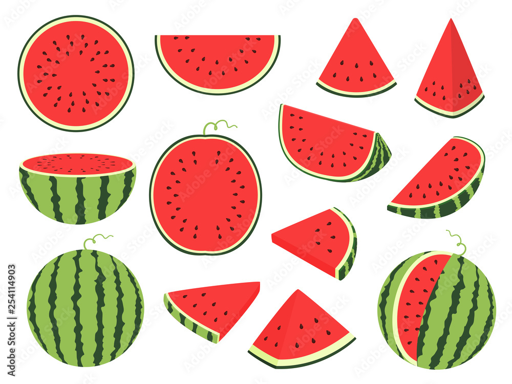 Cartoon slice watermelon. Green striped berry with red pulp and brown  bones, cut and chopped fruit, half and sliced on white background Stock  Vector | Adobe Stock