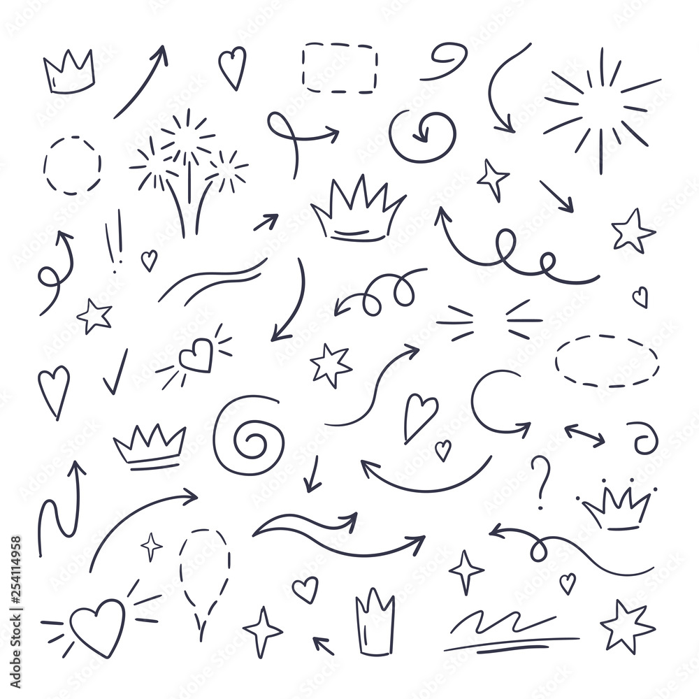 Doodle line swash. Emphasis text highlighters, hand drawn brush stroke, calligraphy underline. Vector hand drawn set