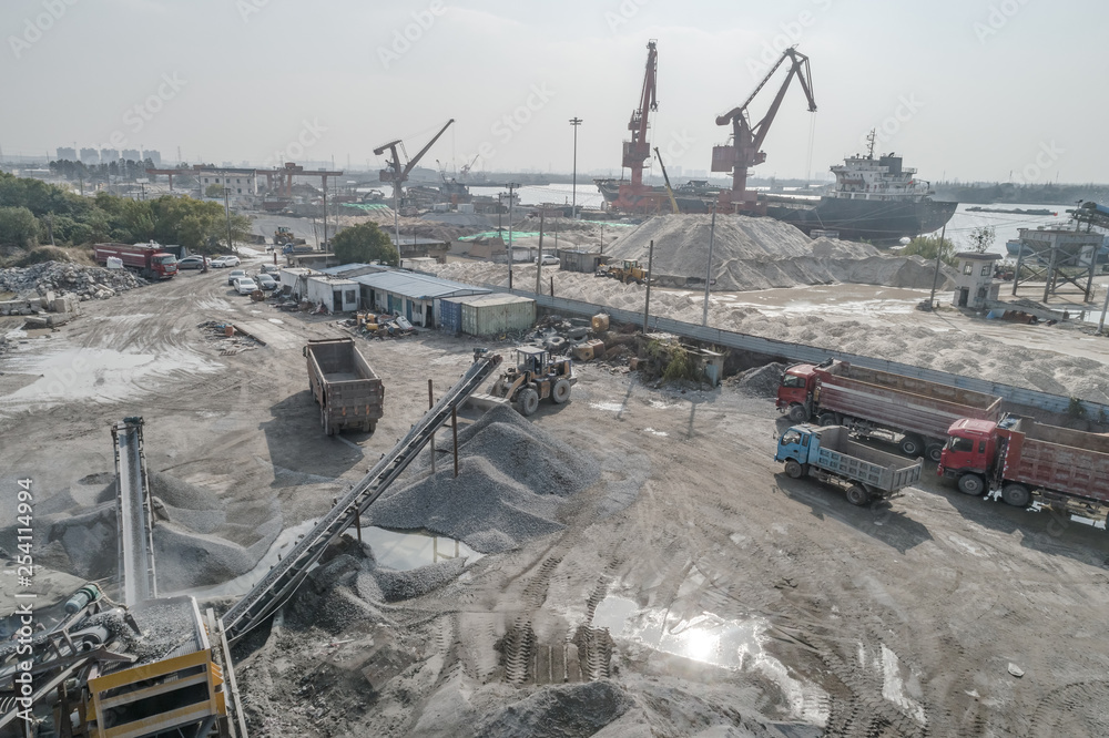Aerial view of crushed stone quarry machine in a construction material factory Aerial view of crushed stone quarry machine in a construction material factory