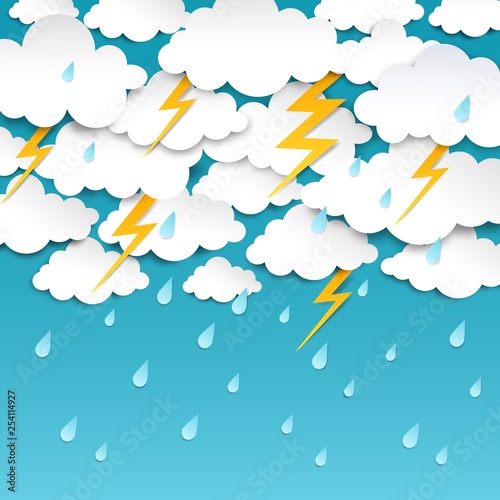 Paper cut rainy sky. Storm background, rain season weather poster, origami forecast banner. Vector outcast thunder rainy weather art