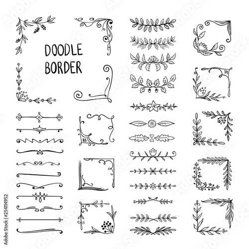 Doodle border. Flower ornament frame, hand drawn decorative corner elements, floral sketch pattern. Vector doodle frame elements photo