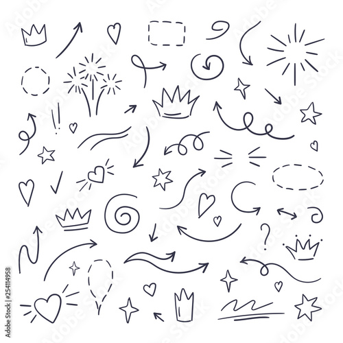 Doodle line swash. Emphasis text highlighters  hand drawn brush stroke  calligraphy underline. Vector hand drawn set