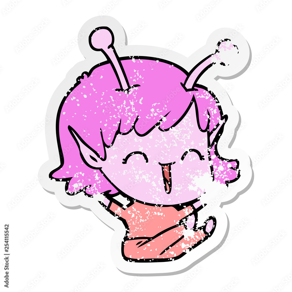 distressed sticker of a cartoon alien girl laughing distressed sticker of a cartoon alien girl laughing