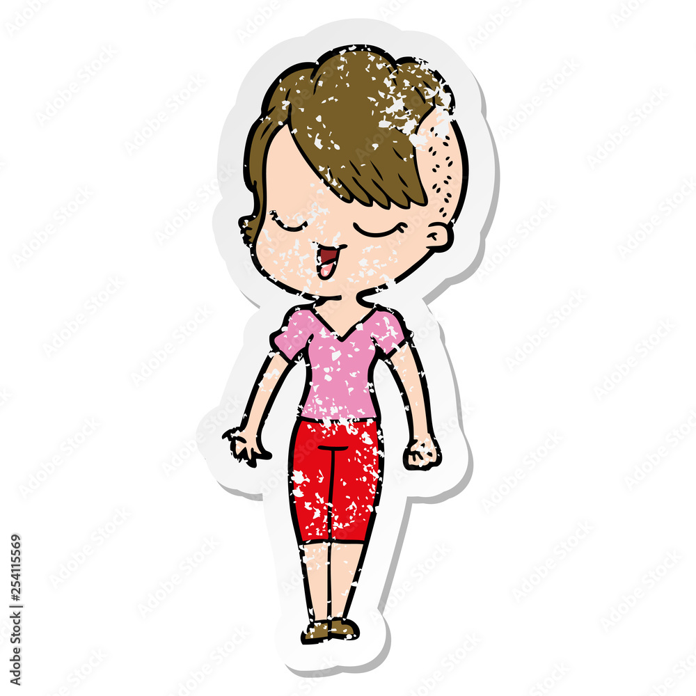 distressed sticker of a happy cartoon girl distressed sticker of a happy cartoon girl