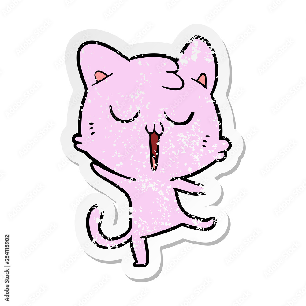 distressed sticker of a cartoon cat singing distressed sticker of a cartoon cat singing