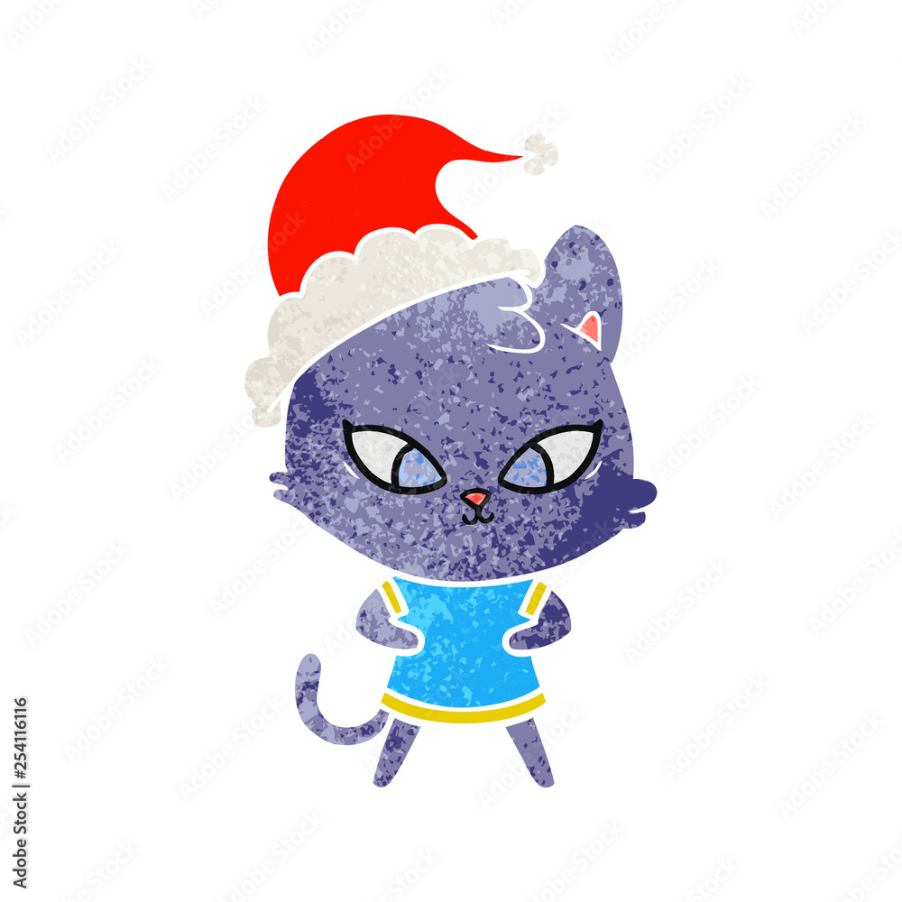 cute retro cartoon of a cat wearing santa hat