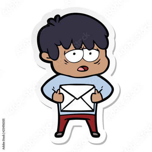 sticker of a cartoon exhausted boy with letter