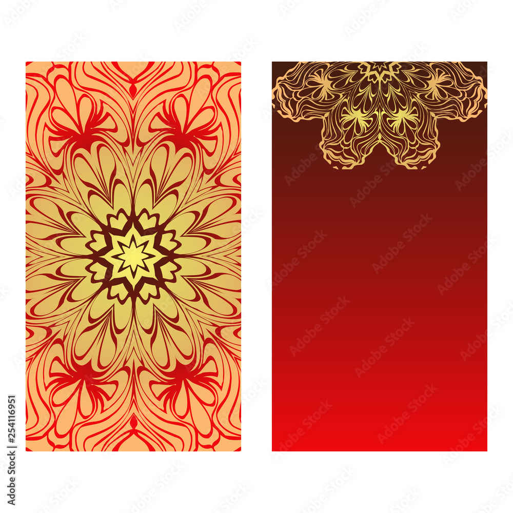 Templates For Greeting And Business Cards. Vector Illustration. Oriental Pattern With. Mandala. Wedding Invitation. Luxury red, sunrise gold color Templates For Greeting And Business Cards. Vector Illustration. Oriental Pattern With. Mandala. Wedding Invitation. Luxury red, sunrise gold color