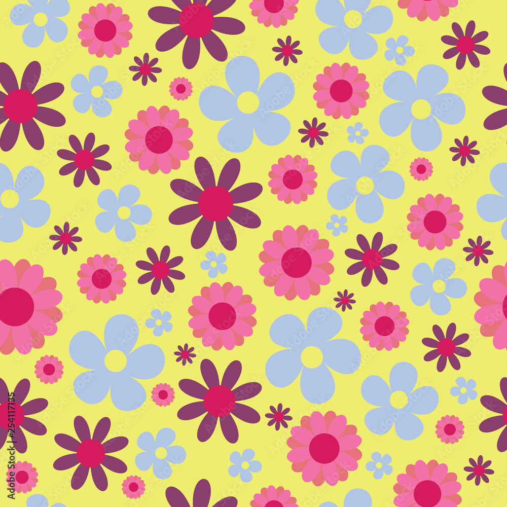 Vector yellow pink blue hippie floral seamless pattern background