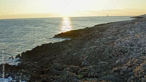 Panoramic view of the rocky coast of Cres Island on a beautiful sunset. Croatia. Aerial view traveling