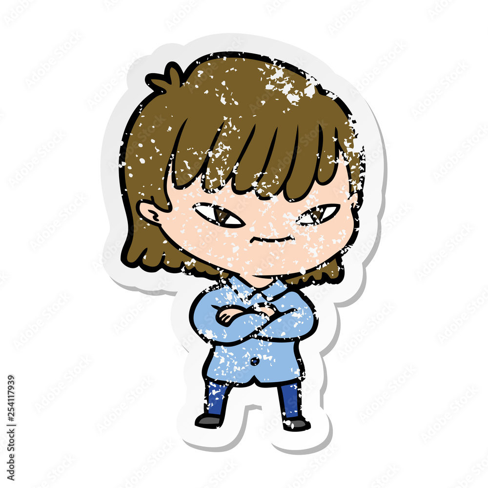 distressed sticker of a cartoon woman distressed sticker of a cartoon woman