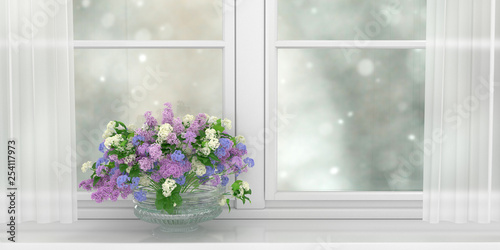 bouquet of lilacs of different colors  standing on the windowsill of a wide white window  3d illustration